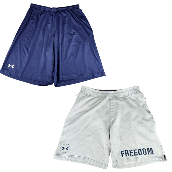 Under Armour Other - 2 Pair Under Armour Shorts sz XL Men Loose Fit Blue White Freedom Spellout 9-10"